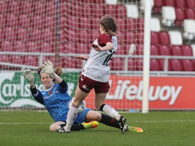 Beth Artemiou  lifts the ball over goalkeeper Lana Timson to score Northampton's second goal.