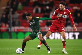 Will Hondermarck holds off ex-Cobbler Matt Crooks during a Championship game between Barnsley and Middlesbrough in 2021.