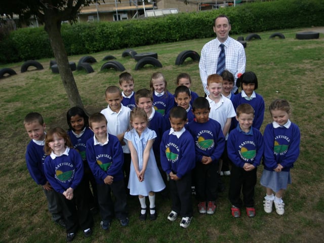 Eastfield Primary School children from Year One with Head Teacher Chris Hill
