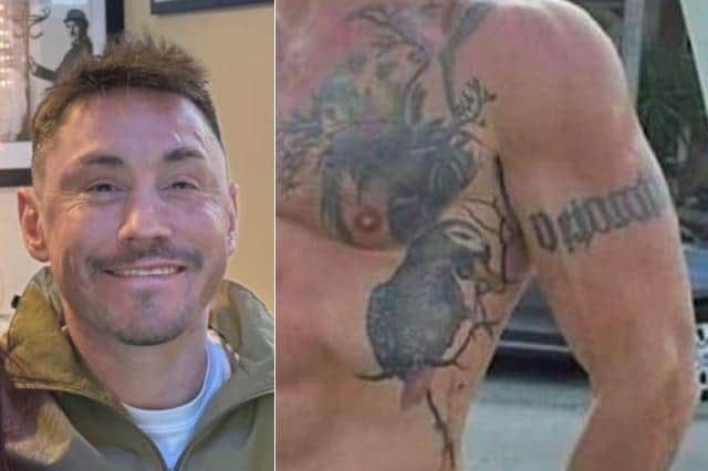 Jamie Attwood and the photo issued of his distinctive tattoos/Northants Police