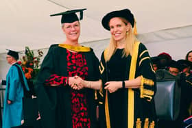 Berit Virtanen-Thewlis being handed her MBA by the Prof Anne-Marie Kilday in November 2023