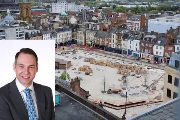 Councillor Daniel Lister (left). And the current state of the Market Square (right).