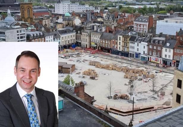 Councillor Daniel Lister (left). And the current state of the Market Square (right).