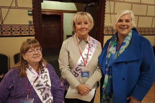 Mary Jones (centre) spoke on behalf of the WASPI women in West Northants at the full council meeting last week. (Image: Jonathan Harris)