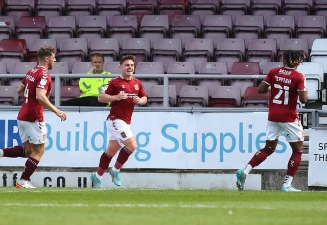 Sam Hoskins celebrates firing the Cobblers into a 1-0 lead against Harrogate Town (Picture: Pete Norton/Getty Images)