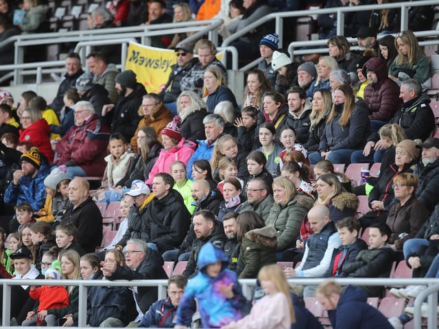 2022: Part of the crowd of 838 look on during the East Midlands Women's Regional Football League Premier Division match between Northampton Town Women and Loughborough Students Women at Sixfields on March 13, 2022 in Northampton, England. (Photo by Pete Norton/Getty Images)