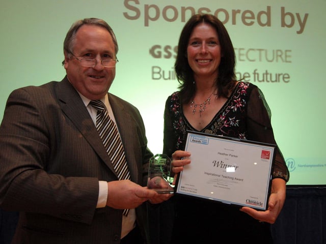The 2009 Education Awards in conjunction with Term Time at the Freemasons Hall, Trinity Avenue, Northampton. Inspirational Teacher Award winner Heather Parker receives her award from Brian Gotch, GSS Architecture