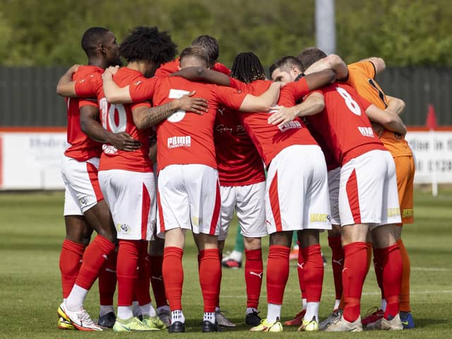 The Brackley Town players will be in the play-offs after their Vanarama National League North title hopes were ended over the bank holiday weekend. Picture by Glenn Alcock