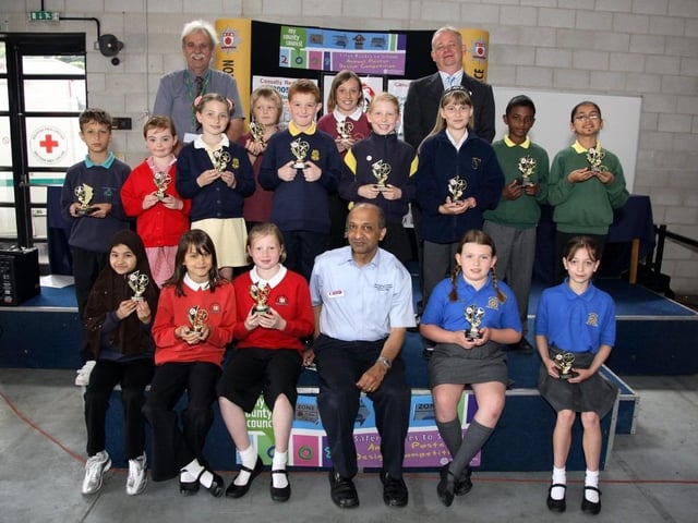 The annual Safer Routes to Schools Poster Design awards presentation at Mereway Fire Services. The competition was organised by Jay Shah (who is in the middle) from Casualty Reduction to promote the involvement of 10 SRTS schools