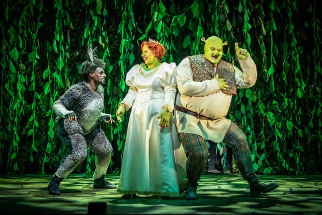 Brandon Lee Sears as Donkey, Joanne Clifton as Princess Fiona and Antony Lawrence as Shrek
