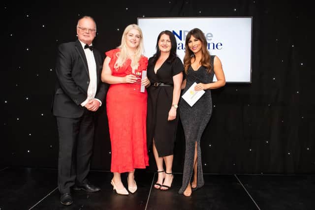 Acorn Safety Services operations manager Zeynep Guzelkasap and operations coordinator Samantha Reeves collect the Silver award for High Growth at the SME Northamptonshire Business Awards 2025.