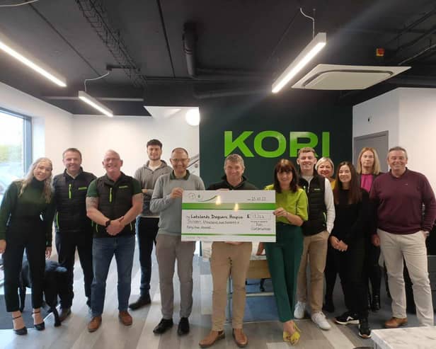 Kori Construction presents a cheque to Lakelands Hospice after successful fund-raising year