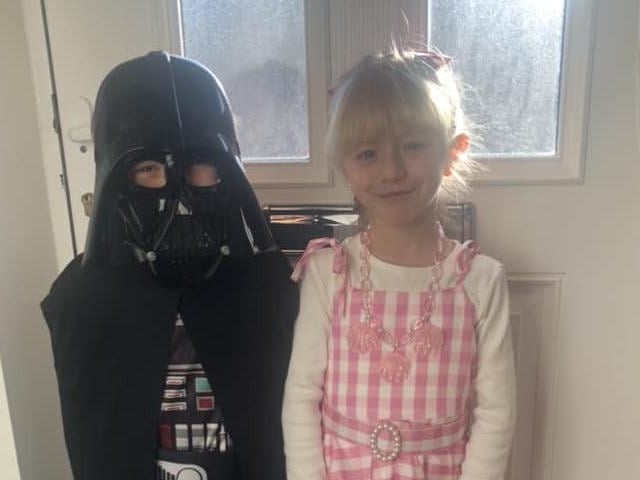Mia, aged seven, as Barbie and Freddie, aged five, as Darth Vader.