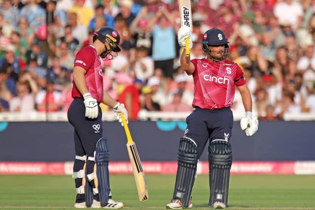 Ricardo Vasconcelos raises his bat after reaching 50 in the Blast final (Picture: Peter Short)
