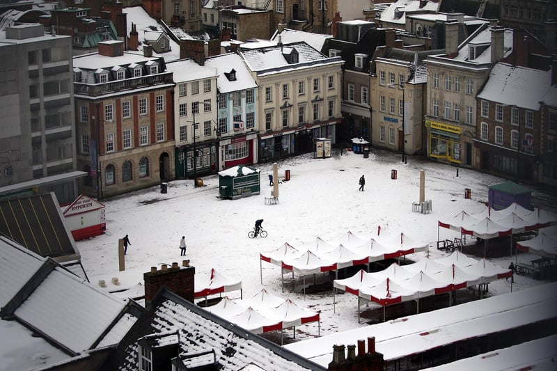 A view of a snowy Northampton taken from The Grosvenor Centre Car Park.