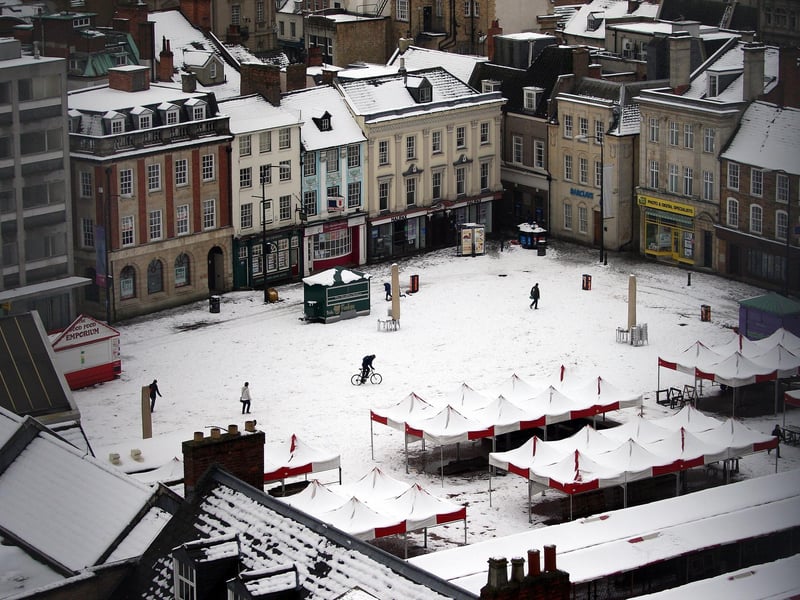 A view of a snowy Northampton taken from The Grosvenor Centre Car Park.