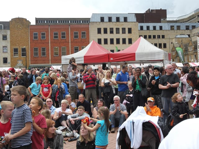 Crowds watching Mystic Crew at Northampton Music Festival in Market Square.