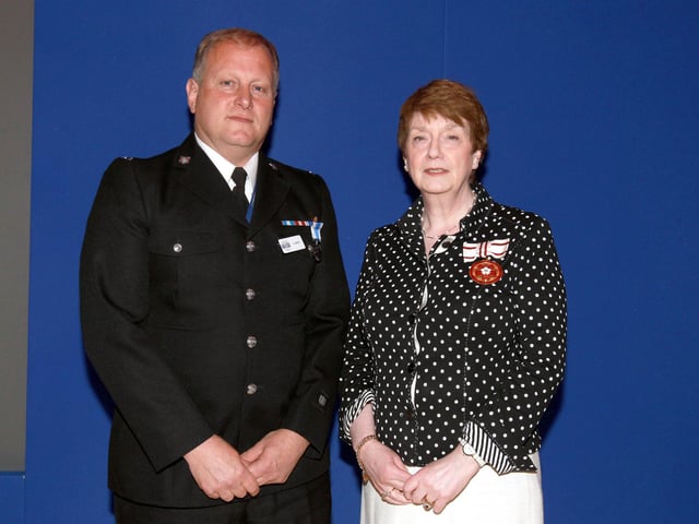 2013 - Northamptonshire Police Long Service awards ceremony takes place at their Headquarters, Wootton Hall, Northampton. Constable Andy Banes, presented by Deirdre Newham.
