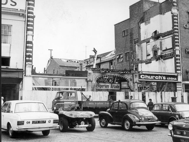 Demolition of Emporium Arcade Northampton Market Square 1972