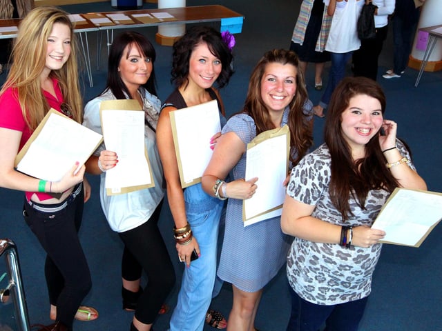 GCSE 2010 exam results day at Northampton High School. Darcy Lingley, Taylor McAteer, Gabriella Moriaty, Devan Bennett and Abigail Welch (left to right)