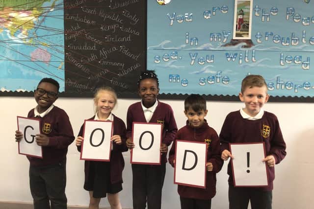 Pupils at St Gregory's Catholic Primary School in Northampton celebrate their good Ofsted rating.