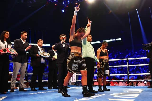 Winning feeling... a delighted Chantelle Cameron is declared the winner of her fight with Jessica McCaskill