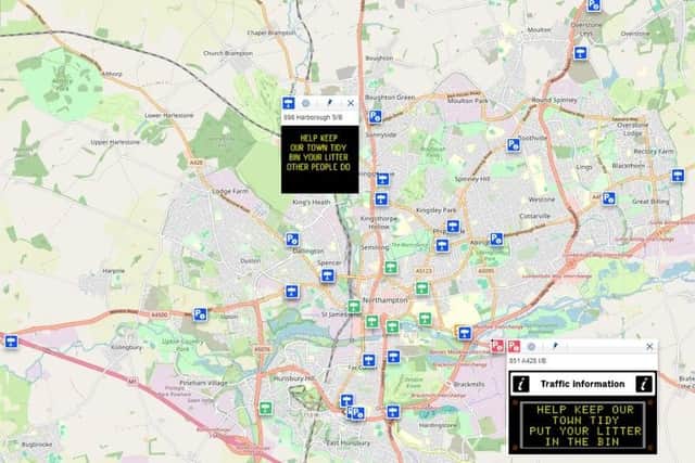 This map, provided by WNC, shows the locations of the anti-littering messages on electronic road signs across West Northamptonshire.