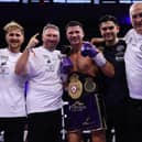 Kieron Conway and Team Shoe-Box team celebrate his win over Linus Udofia in Sheffield (Picture: Mark Robinson Matchroom Boxing)