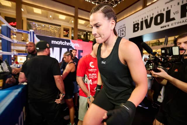 Chantelle Cameron steps into the ring for her public workout on Wednesday (Picture: Mark Robinson Matchroom Boxing)