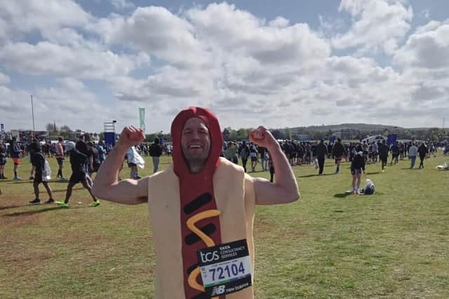 Tony dressed as a hotdog to run the 26.2mile race