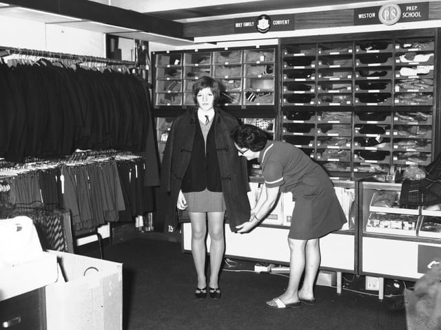 Getting a new school uniform at Adnitts, now Debenhams, The Drapery, Northampton, August 10, 1970