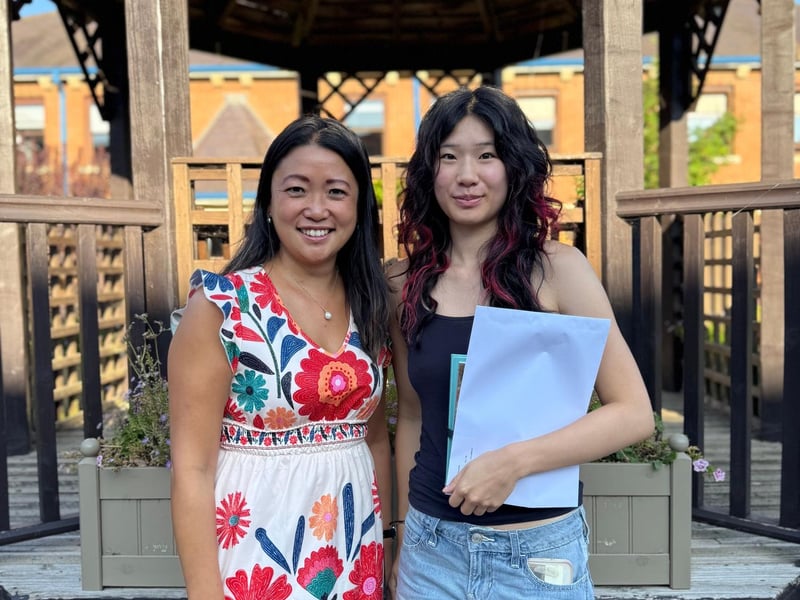 Future scientist, Li, celebrates with Dr Lee after securing 2 A*s and 1 A. She will be taking up her place at her top choice institution, Imperial College London, to pursue a degree in Biological Sciences.