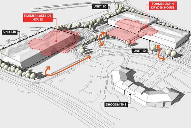 The proposed development, off Bedford Road, would see the former John Dryden House and Lakeside House demolished to make way for new industrial and business space.
