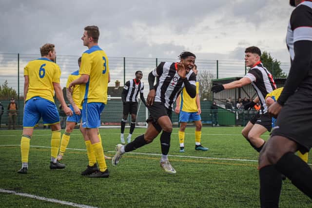 Moulton celebrate a goal in their Spartan South Midlands League win over Winslow United (Picture: Richard Eason Photography)