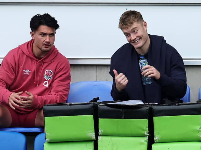 Saints fly-half Fin Smith (right) sat out training during the England session held at the LNER Community Stadium last week (photo by David Rogers/Getty Images)