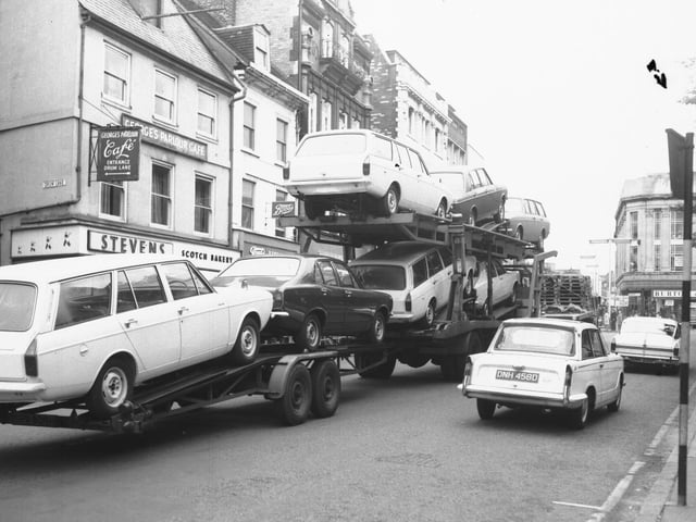 Traffic in Mercer's Row, near Drum Lane, Northampton town centre, July 22, 1970
