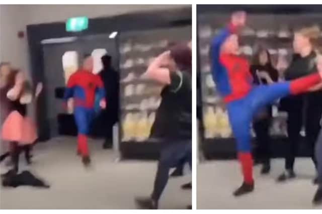 Screenshots from the viral video uploaded to YouTube by News 360 TV show Roberts (left) dressed as 'Little Red Riding Hood' while the man dressed as Spiderman knocked the Asda worker unconscious.