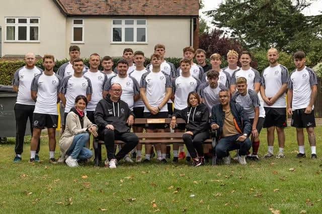 Hunsbury Hawks FC unveiled Luke Abrahams' memorial bench at Abington Park in 2023. Sat on the bench is Luke's parents, Richard Abrahams and Julie Needham.