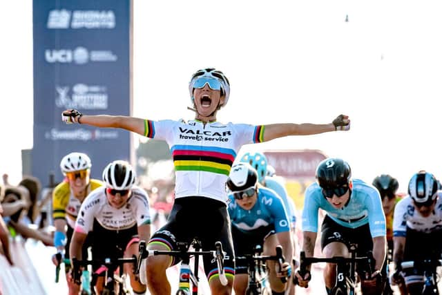 2021 World Champion Elisa Balsamo celebrates a stage win. Picture: SWpix.com