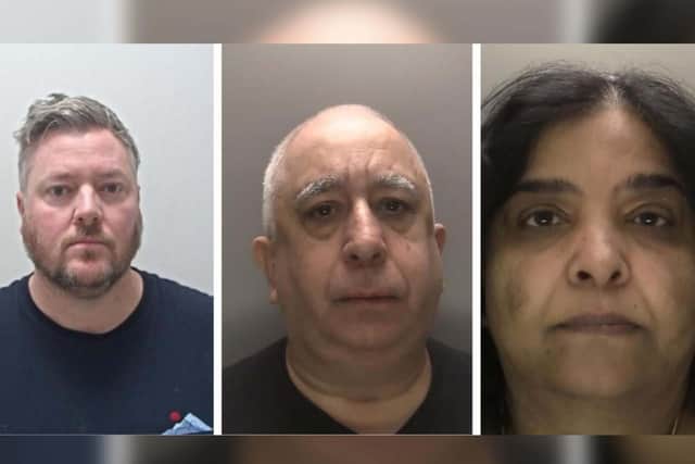 Craig Morris (left), Jogesh Bhandari (middle) and Meenakashi Bhandari were sentenced at Northampton Crown Court