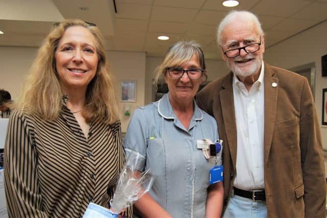 DAISY Foundation founders Mark and Bonnie Barnes with Staff Nurse Donna Reddington from Esther White medical ward