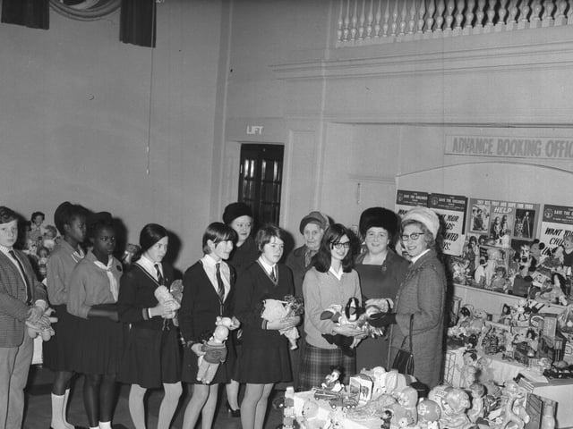 Looking Back Old glass negs October 28, 1967 Northampton Mayoress, possibly Mrs T H Dockrell, receives toys at Odeon Cinema, Market Square