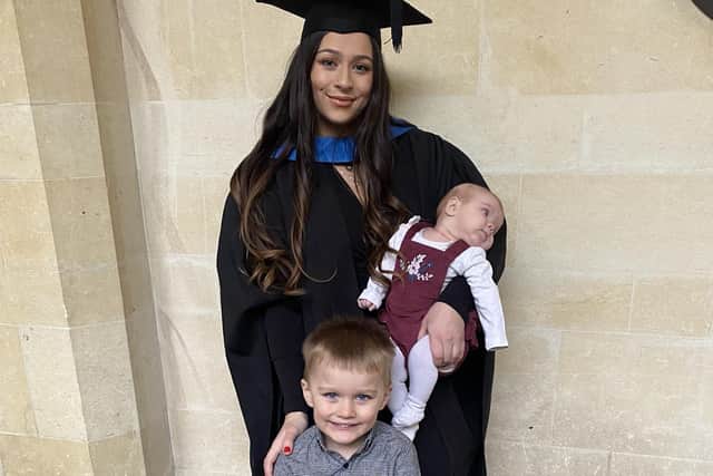 Sophie with her four-year-old son and six-month-old daughter after graduating with a law degree from University of Northampton.