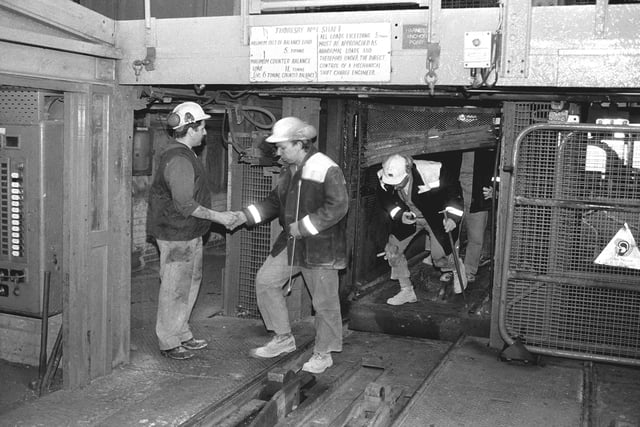 Miners pictured in April '92 during a visit by British Coal chairman Neil Clarke