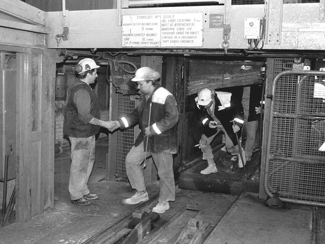 Miners pictured in April '92 during a visit by British Coal chairman Neil Clarke