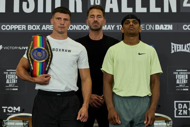 Kieron Conway is pictured with Gerome Warburton and Eddie Hearn at the press conference ahead of their British and Commonwealth middleweight title fight on Saturday (Picture: Mark Robinson Matchroom Boxing)