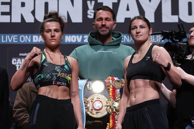 Chantelle Cameron and Katie Taylor pictured at Friday's weigh-in in Dublin (Picture: Mark Robinson / Matchroom Boxing)