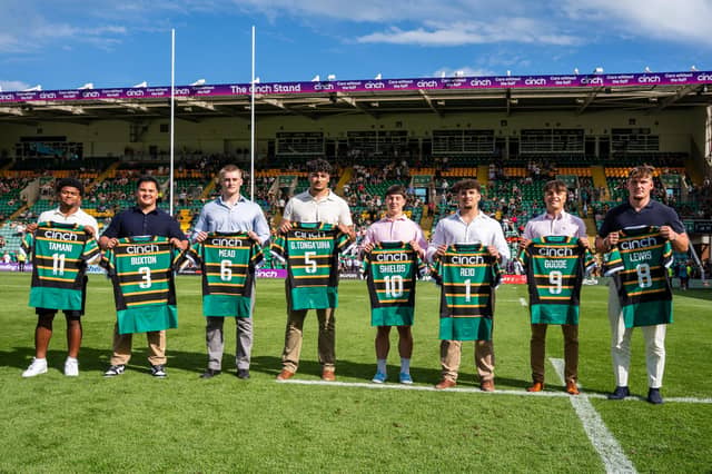 The new Senior Academy intake enjoyed a shirt presentation on the Gardens pitch after the win against Gloucester last Saturday (picture: Northampton Saints)