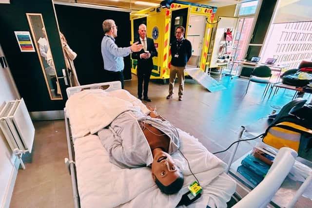Stuart Andrew MP talks to Aidan Ward and Steve Buckle, Senior Lecturers in Paramedic Science