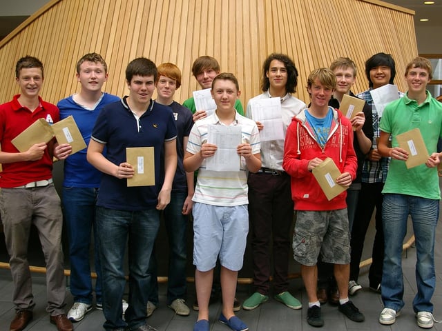 2011 - Top achieiving pupils at Northampton School for Boys celebrating their GCSEs. Matt Herbert in centre in white striped shirt. Lto R Alastair Durno, Evan Battison, Andrew Bellham, Henry Bold, Matt Herbert, Rowan Tickle, Jack Groom, Alex Stockton, George Attwell-Gerhards, Michael Nguyen, Joe Lantsbery.
